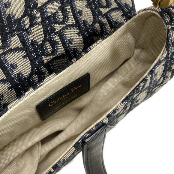 Auth DIOR/ChristianDior Saddle Bag Navy Cream Blue Jacquard Leather Handbag - Picture 6 of 16